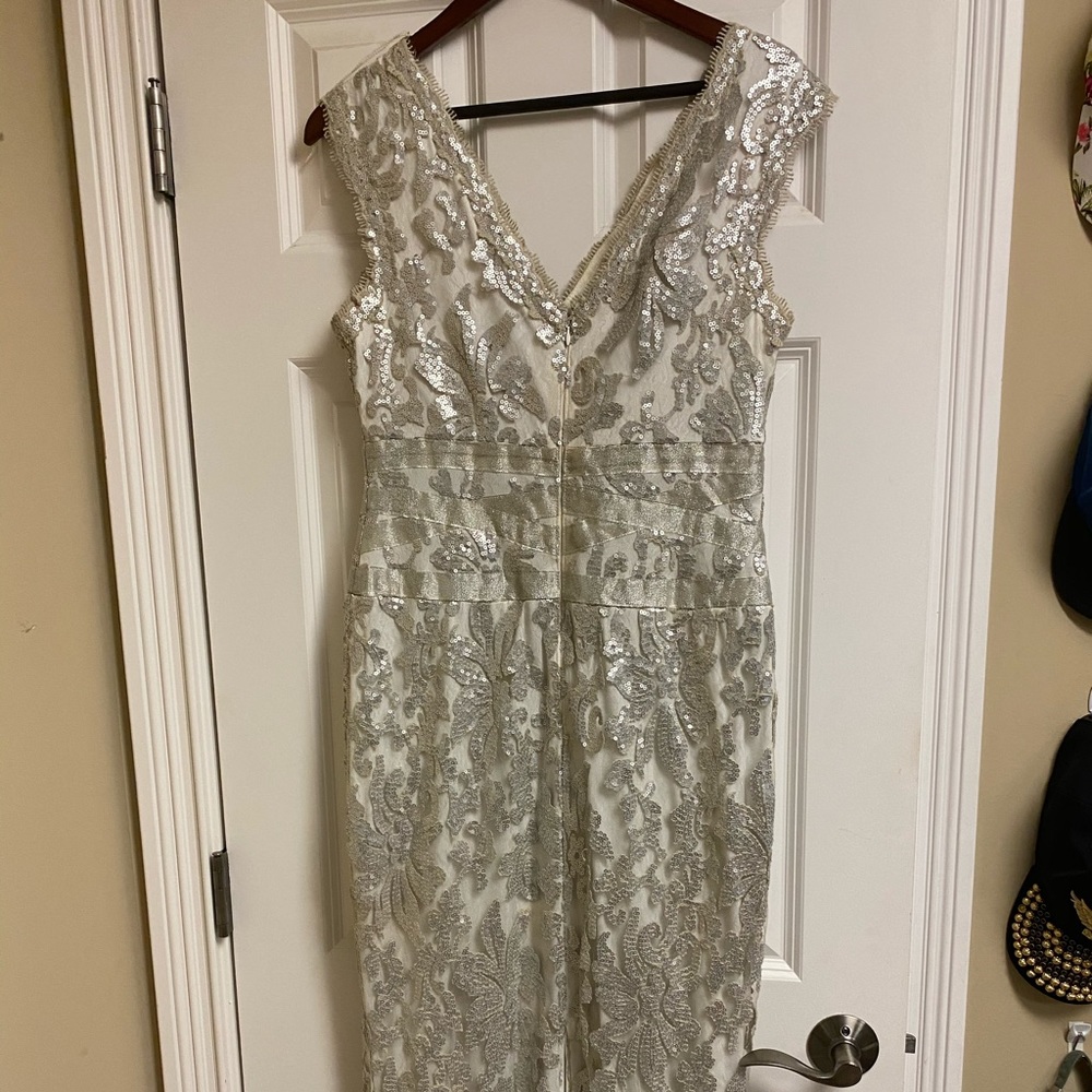 Adrianna Papell Silver Lace Ball Gown Dress